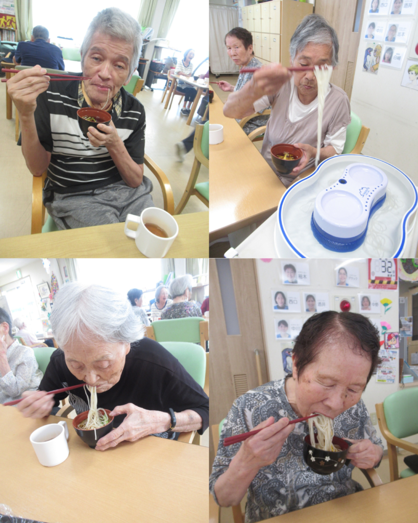 にのみやグループ　デイサービスセンターみたでは、季節を感じてもらうため、おやつレクで「そうめん流し」を行いました！